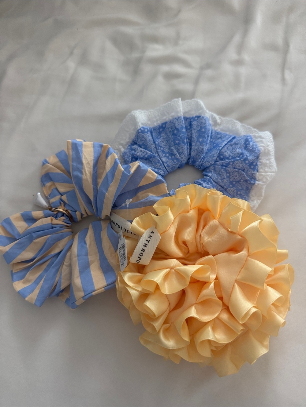 Anthropologie Yellow Satin Ruffle Scrunchie Trio